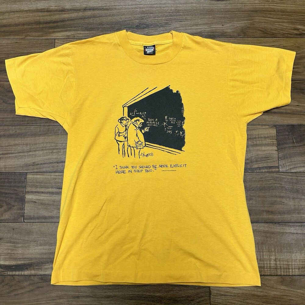 Vtg Screen Stars 80s Yellow L T Shirt USA Made Funny Math Miracle Occurs Comedy